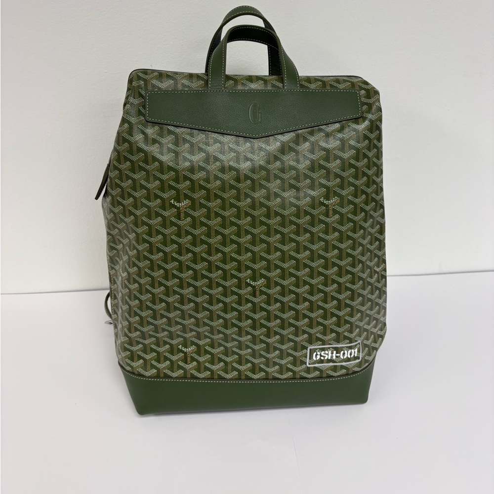 Goyard Olive Green Patterned Canvas Backpack with Leather Trim